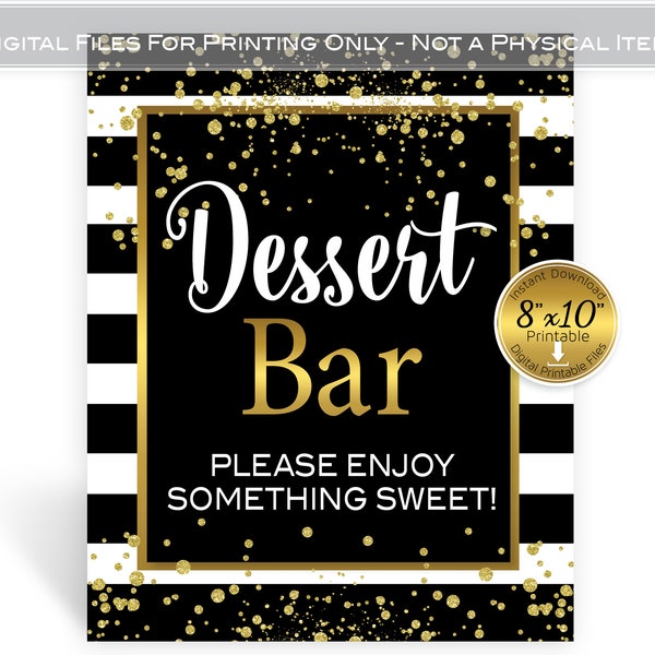 Dessert Bar Table Sign 8x10 Printable | Black White Stripes | Gold Confetti | Birthday | Wedding | Digital INSTANT DOWNLOAD