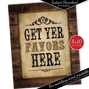 Western Theme Favors 8x10 Printable Table Sign | Rustic Faux Wood | Birthday | Wild West | BBQ | Instant DIGITAL DOWNLOAD