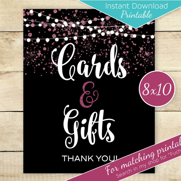Cards and Gifts Table Sign | Printable 8x10 | Fuchsia Glitter Confetti | Garland | 40th 50th 60th or Any Age | Digital INSTANT DOWNLOAD