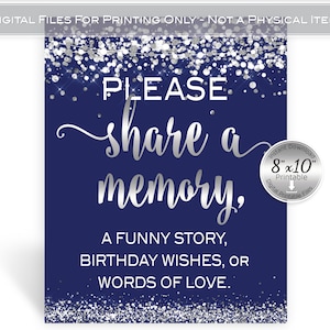 Share a Memory Table Sign 8x10 Printable | Birthday Wishes | Navy Blue with Silver Confetti | Digital INSTANT DOWNLOAD