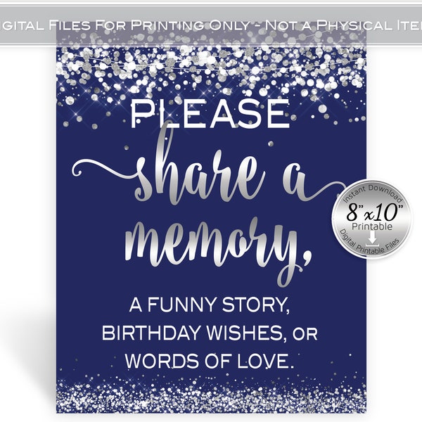 Share a Memory Table Sign 8x10 Printable | Birthday Wishes | Navy Blue with Silver Confetti | Digital INSTANT DOWNLOAD