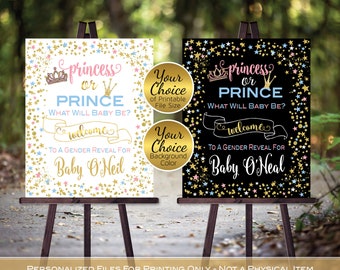 Gender Reveal Prince or Princess Welcome Sign Personalized Printables | Blue Pink Gold Twinkle Star Confetti | PRINTABLE DIGITAL File