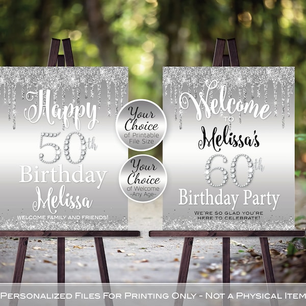 Birthday Welcome Sign Printable | Dripping Silver Glitter and Confetti | Diamonds | Any Age | Personalized | DIGITAL PRINTABLE FILES