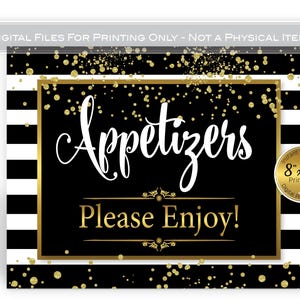 Appetizers Table Sign 8x10 Printable | Birthday | Wedding | Black White Stripes | Gold Confetti | Digital INSTANT DOWNLOAD