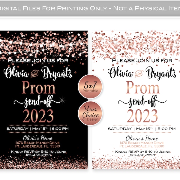 Prom Send Off Invitation | 5x7 | Personalized | Rose Gold Confetti and Garland on Black or White | DIGITAL PRINTABLE FILES