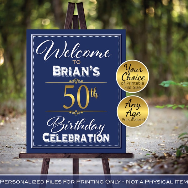 Man's Birthday Celebration Welcome | Navy White Gold | 20th 30th 40th 50th 60th 70th 80th | Personalized | DIGITAL PRINTABLE FILES