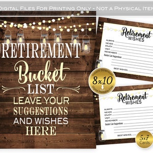 Retirement Bucket List 8x10 Printable Table Sign and Cards | Well WIshes | Rustic Faux Wood | Lanterns | Digital Printable INSTANT DOWNLOAD