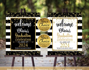 Graduation Celebration Party Welcome Sign Printable | Black White Stripes | Gold | Class of 2024 | Personalized | DIGITAL PRINTABLE FILES