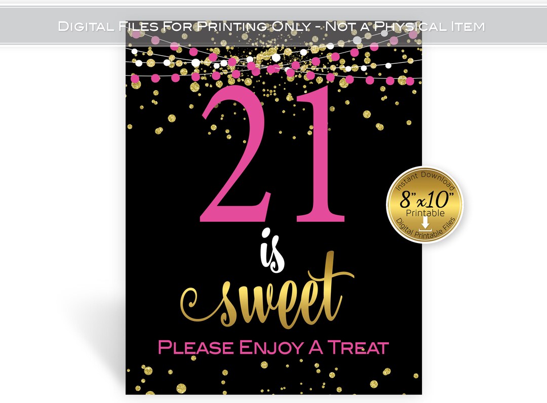 21st Birthday Party Sign: Hot Pink, Gold Glitter Garland (digital ...