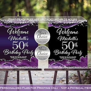 Birthday Welcome Sign Printables | Purple and Silver Agate | Confetti | 40th 50th 60th Any Age | Personalized | DIGITAL PRINTABLE FILES