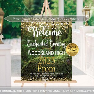 Enchanted Evening School Prom Welcome Sign Personalized Printable | Gold Confetti on Forest Background | 2025 Prom | DIGITAL PRINTABLE FILES