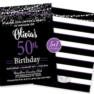 Birthday Invitation | 40th 50th 60th 70th or Any Age | Personalized | Silver Confetti and Purple on Black | 5x7 | DIGITAL PRINTABLE FILES