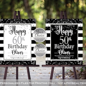 Birthday Welcome Sign Printable | Black White Stripes | Silver Confetti | 40th 50th 60th or Any Age | Personalized | DIGITAL PRINTABLE FILES