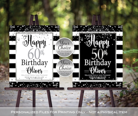 Birthday Welcome Sign Printable Black White Stripes Silver - Etsy