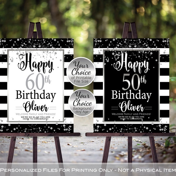 Birthday Welcome Sign Printable | Black White Stripes | Silver Confetti | 40th 50th 60th or Any Age | Personalized | DIGITAL PRINTABLE FILES