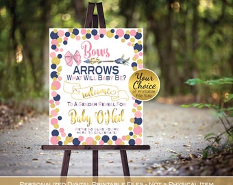 Bows or Arrows Gender Reveal Welcome Sign | Printable | Navy Blush and Gold on White | Arrow | Bow | Personalized | PRINTABLE DIGITAL FILES