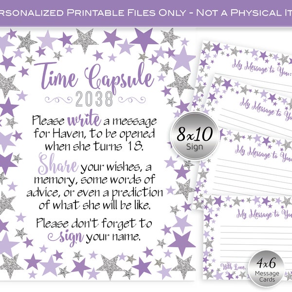 Twinkle Time Capsule Table Sign and Message Cards for 1st Birthday | Personalized 8x10 | Lavender and Silver Stars | Digital Printable