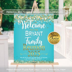 Family Reunion Personalized Welcome Sign Printable File | Gold Confetti on Turquoise | Any Year | DIGITAL PRINTABLE FILES