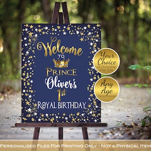Prince Royal Birthday Party Welcome Sign Printable | Midnight Stars | Navy Gold with Crown | Any Age | Personalized | PRINTABLE DIGITAL File