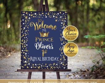 Prince Royal Birthday Party Welcome Sign Printable | Midnight Stars | Navy Gold with Crown | Any Age | Personalized | PRINTABLE DIGITAL File