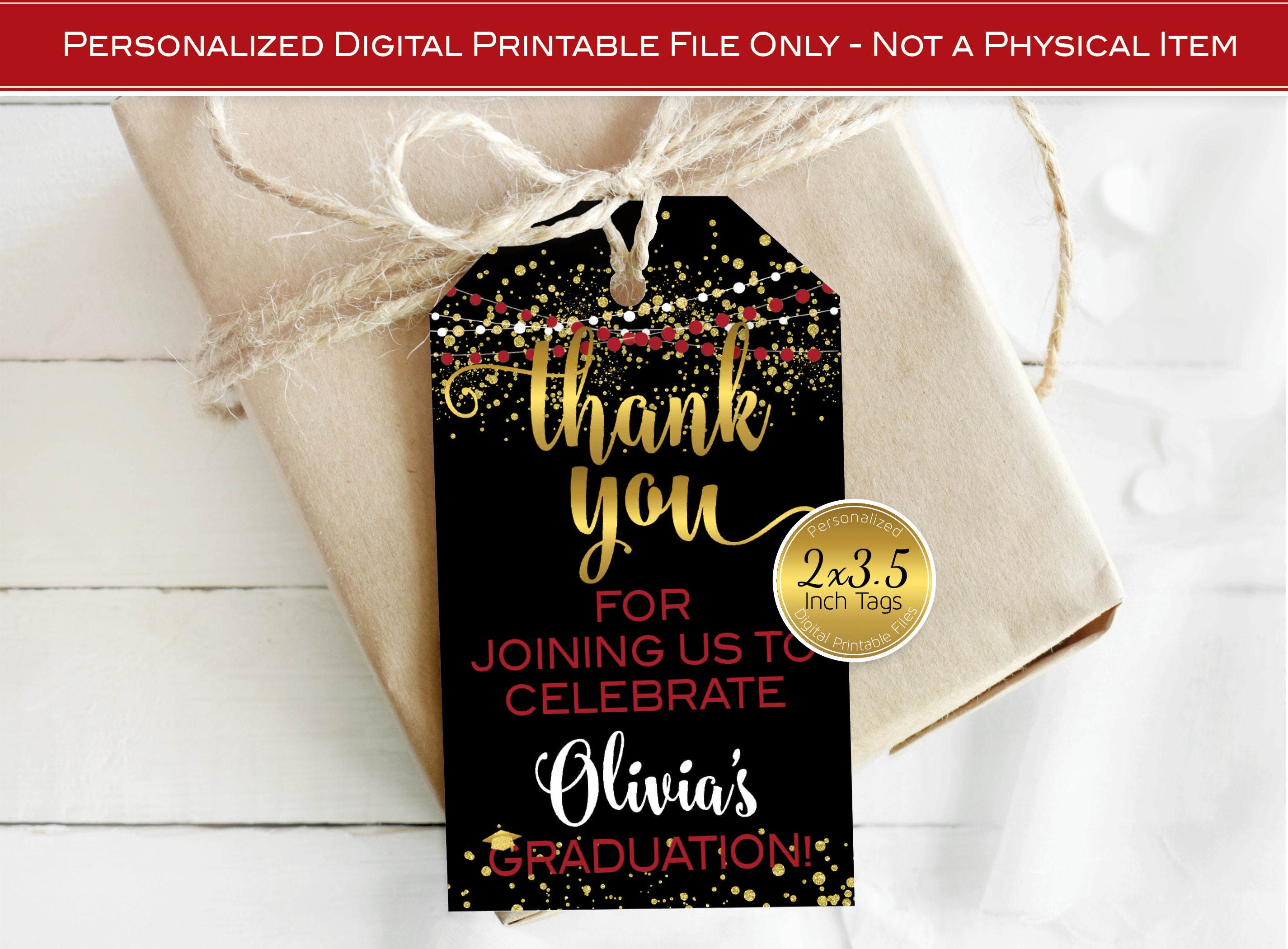 Thank You 2x3.5 Graduation Favor Tags | Personalized Printable | Ruby Red | Gold Confetti | DIGITAL PRINTABLE FILES