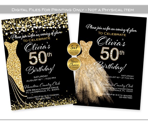 Glam Birthday Invitation: Gold Dress, Confetti (Digital Printable Files)