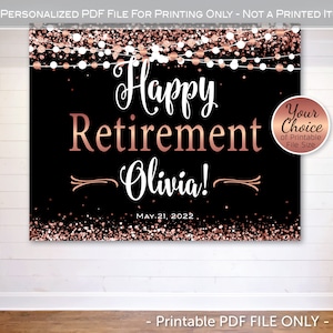 Happy Retirement Backdrop Banner Printable | Rose Gold Confetti | Black or White | Personalized | Retirement Celebration | DIGITAL PDF FILE