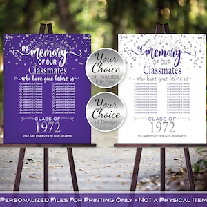 In Memory of Classmates Class Reunion Any Year Personalized Sign Printable File | Purple and Silver | DIGITAL PRINTABLE FILES