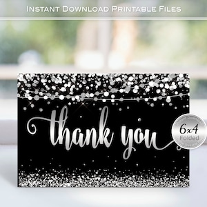 Thank You Note Cards | Printable | Folding 4x6 | Black and Silver | Garland Lights | Faux Silver Confetti | INSTANT DOWNLOAD