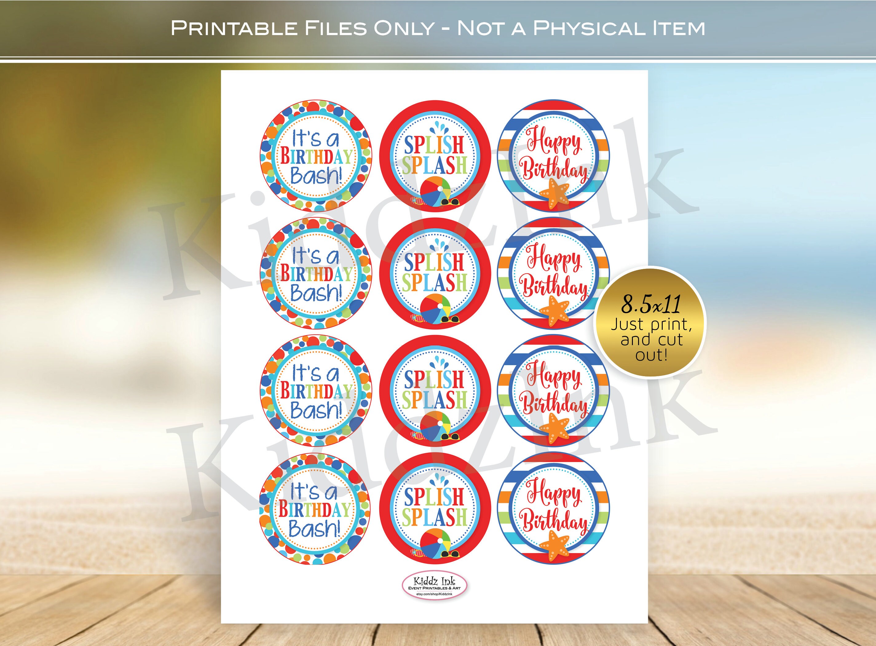 Beach Bash Birthday Round 2 25 Inch Cupcake Toppers Pool Etsy 日本