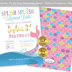 Customized Printable DIGITAL FILE Under the Sea Any Age Mermaid Birthday Bash Invitation Splish Splash Purple Teal Silver 5x7