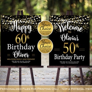 Birthday Welcome Sign Printable | Black and Gold | 40th 50th 60th 70th Any Age | Garland and Confetti | Personalized PRINTABLE DIGITAL FILES