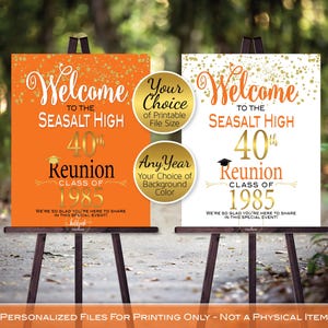 Class Reunion Personalized Welcome Sign Printable File | Gold Confetti on White or Orange | Any Class Any Year | DIGITAL PRINTABLE FILES