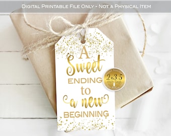 Sweet Ending to a New Beginning 2x3.5 Favor Tags | Graduation | Retirement | Gold Confetti on White | DIGITAL INSTANT DOWNLOAD