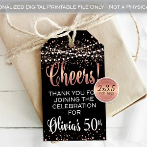 Cheers! Favor Tags for Birthday | Personalized | Printable | 2x3.5 | Mini Wine & Champagne | Rose Gold |  Any Age | DIGITAL PRINTABLE FILES
