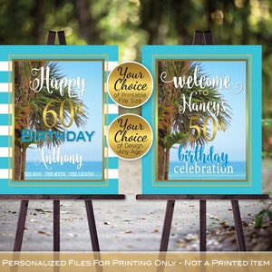 Beach Birthday Welcome | 40th 50th 60th Any Age | Coastal Blue Green Gold | Paradise | Palm Trees | Personalized | DIGITAL PRINTABLE FILES