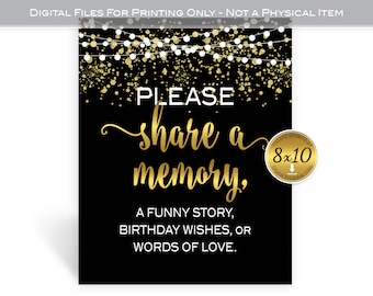 Share a Memory Table Sign 8x10 Printable | Birthday Wishes | Faux Gold Confetti and Garland | 40th 50th 60th 70th | Digital INSTANT DOWNLOAD