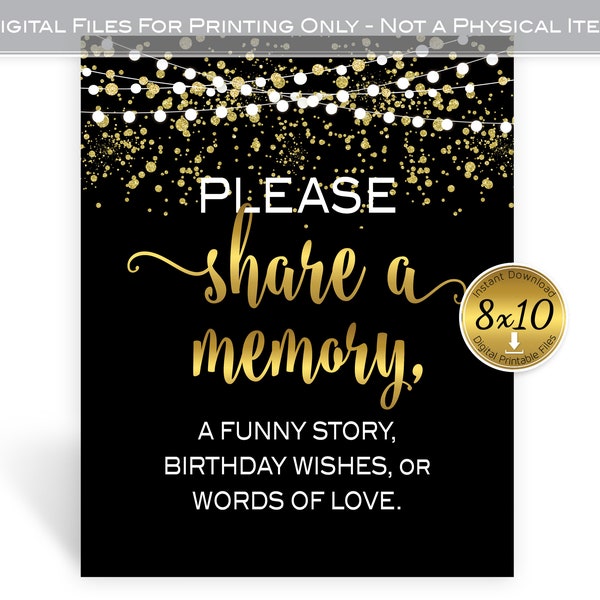 Share a Memory Table Sign 8x10 Printable | Birthday Wishes | Faux Gold Confetti and Garland | 40th 50th 60th 70th | Digital INSTANT DOWNLOAD