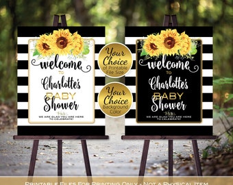 Baby Shower Sunflower Welcome Sign Printable Files | Black White Stripes with Sunflowers | Personalized | DIGITAL PRINTABLE FILES