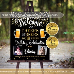 Cheers and Beers Birthday Welcome with Photos | Gold Confetti and Garland Lights | Black | Any Age | Personalized | DIGITAL PRINTABLE FILES
