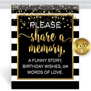 Share a Memory 8x10 Printable Sign for Birthday Wishes | Black White Stripes | Gold Confetti | Digital INSTANT DOWNLOAD
