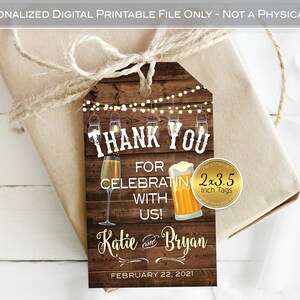 Bubbles and Brews Before the I Dos Personalized Favor Tags | 2x3.5 | Lanterns and Garland on Faux Rustic Wood | DIGITAL PRINT READY Files