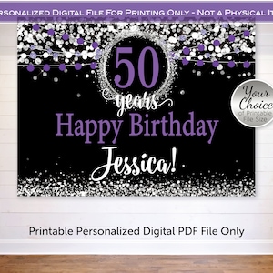 May include: Purple and silver printable birthday banner featuring the text "50 years Happy Birthday Jessica!" and a circle containing the number 50. The banner has a black background with silver glitter and purple string lights.