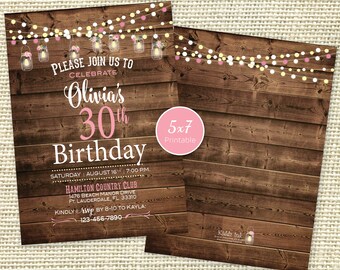 Birthday Printable 5x7 Invitation | Pink | Mason Jar Lanterns | Garland Lights on Faux Wood | Personalized | Digital Files