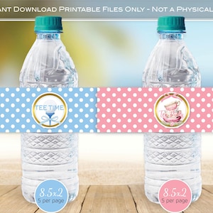 May include: Printable water bottle labels with a blue and pink polka dot background. The blue label has a gold circle with the text "TEE TIME" and a golf club and ball. The pink label has a gold circle with a teacup and teapot. The labels are 8.5 inches by 2 inches and there are 5 per page.