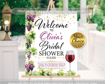 Vineyard Grapes Wine Theme Bridal Shower Welcome Sign | Personalized (Digital Printable)