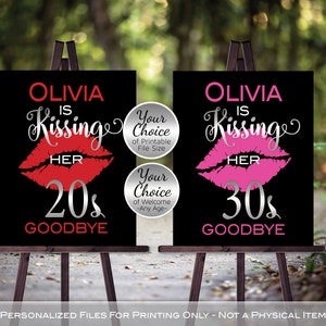 Kissing 20s, 30s 40s 50s 60s or Any Age Goodbye | Hot Pink or Red Kissing Lips | Silver | Birthday | Personalized | DIGITAL PRINTABLE FILES