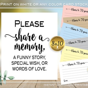 70th Birthday Share a Memory 8x10 Sign and 4x6 Note Cards | Cheers to 70 Years | Printable | INSTANT Digital DOWNLOAD