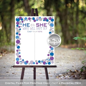 He or She | Cast Your Vote Gender Reveal Printable | Baby Shower | Boy or Girl | Purple Blue Silver Dots on White | DIGITAL INSTANT DOWNLOAD