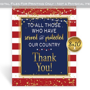 Thank You to Those Who Served 8x10 Table Sign Printable | Military Red White Stripes on Navy | Faux Gold Confetti | Digital INSTANT DOWNLOAD